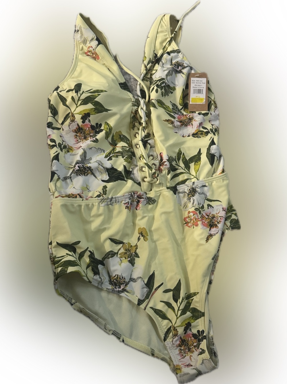 RACHEL Rachel Roy Pale Yellow Floral Lace-Up One-Piece Swimsuit